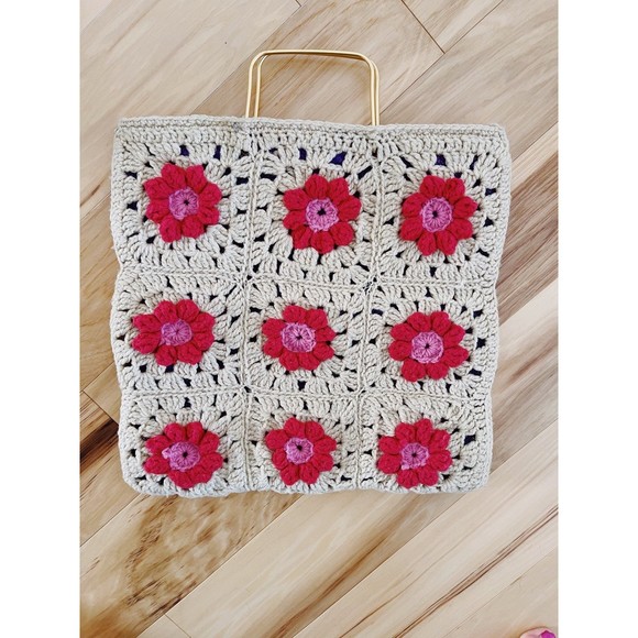 VTG Vintage 70s Handmade granny bag boho squares crochet tote/purse patchwork - Picture 3 of 4